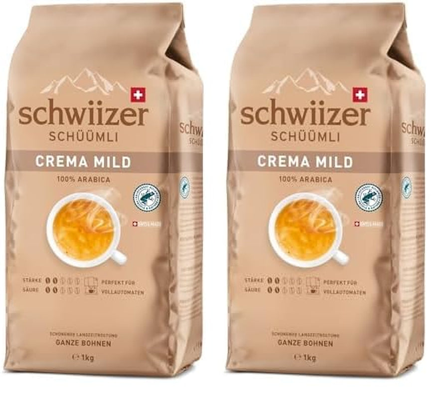 Schwiizer Schüümli Crema Mild, 100% ziaren kawy premium Arabica, owocowe i orzechowe, do w pełni automatycznych ekspresów do kawy, moc 2/5, jasno palona, ​​certyfikat Rainforest Alliance, 1 kg (opakowanie 2 szt.)