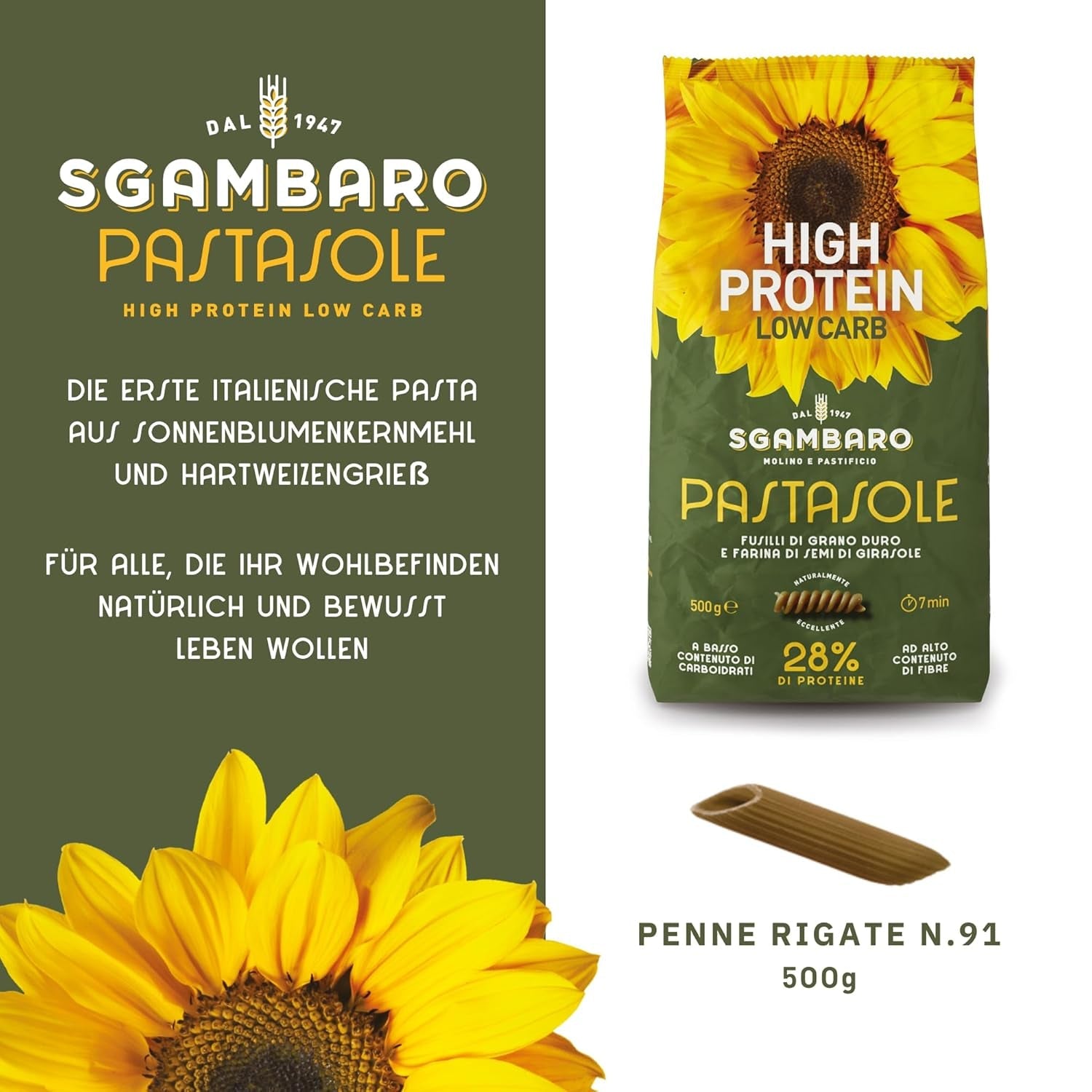 PASTASOLE, Penne Rigate mit Hartweizengriess aus 100% italienischem Anbau und Sonnenblumenkernmehl - 500g - Wysokobiałkowe, Niskowęglowodanowe, Hoher Balaststoffgehalt