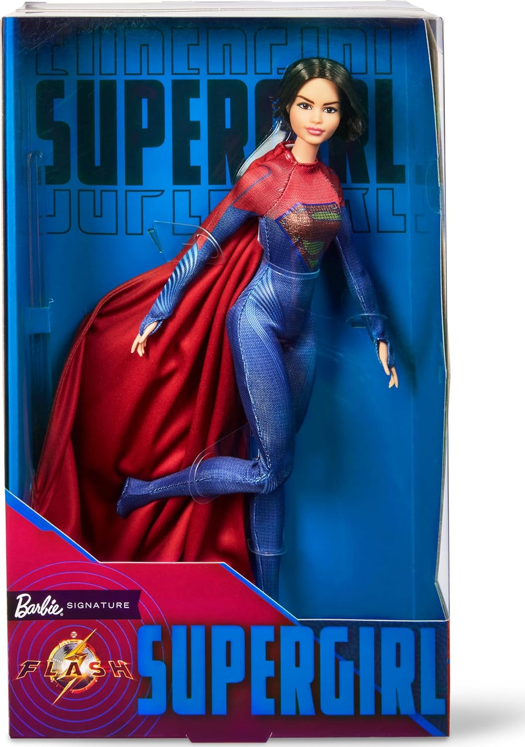 Barbie Supergirl Puppe, Sammlerpuppe w filmie Flash ubrana w czerwono-niebieskie stroje z Umhang, Puppenständer enthalten