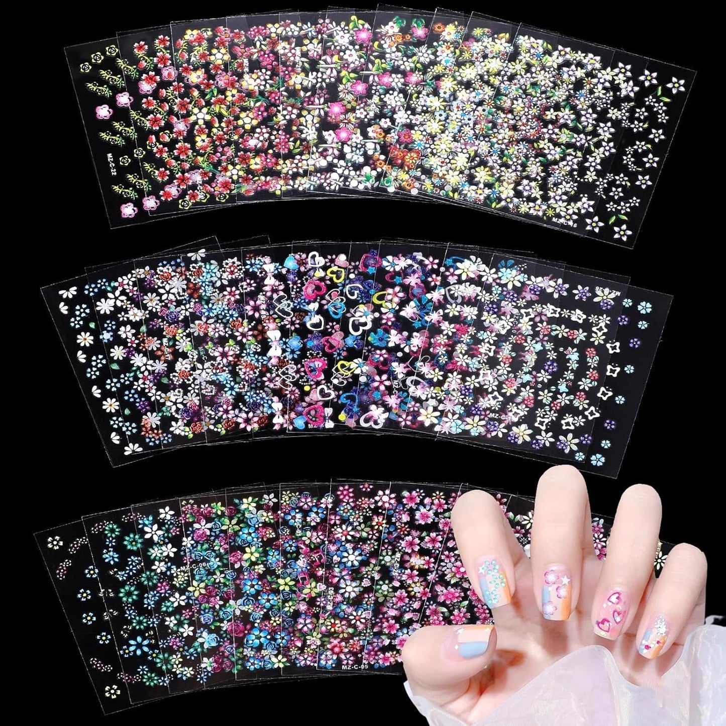 3D Nagelsticker 30 Blatt Nagelsticker Selbstklebend Blumen Blumenherzform Nageldesign Naklejka na paznokcie Nageldesign Zubehör Nagelaufkleber Für DIY Dekorationen, Maniküre, Handyhüllen