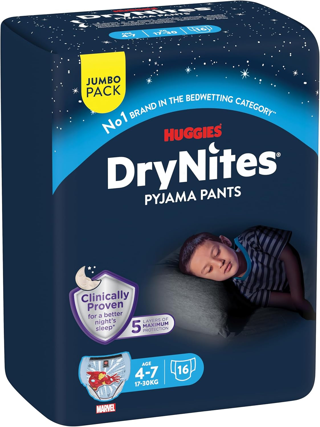 Chłonne pieluszki na noc DryNites dla chłopców 4–7 lat (17–30 kg), duże opakowanie miesięczne, 64 szt.