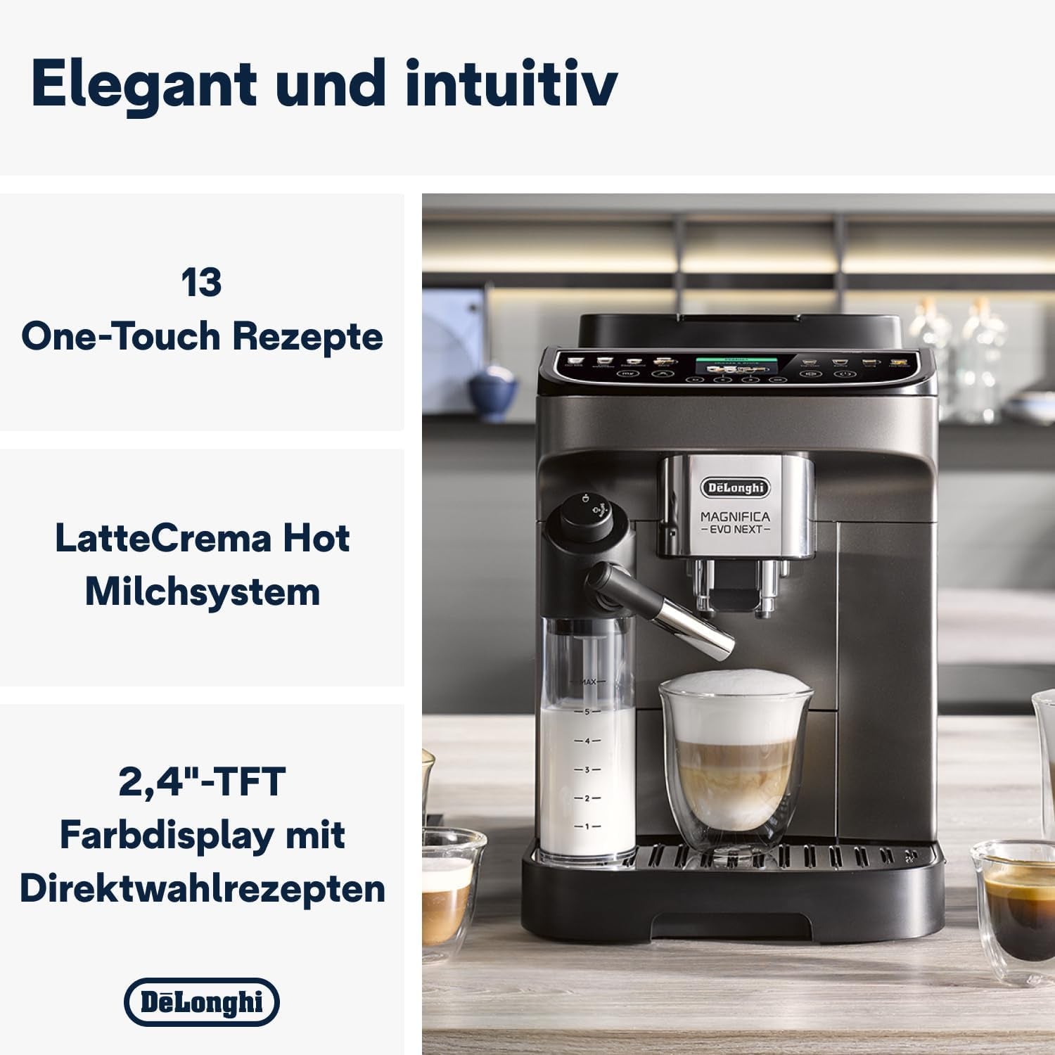 De'Longhi Magnifica Evo Next - W pełni automatyczny ekspres Perfetto ze spieniaczem do mleka LatteCrema, 13 napojów za jednym dotknięciem, ekspres do kawy i cappuccino, kolorowy ekran dotykowy, tytan (ECAM312.80.TB)
