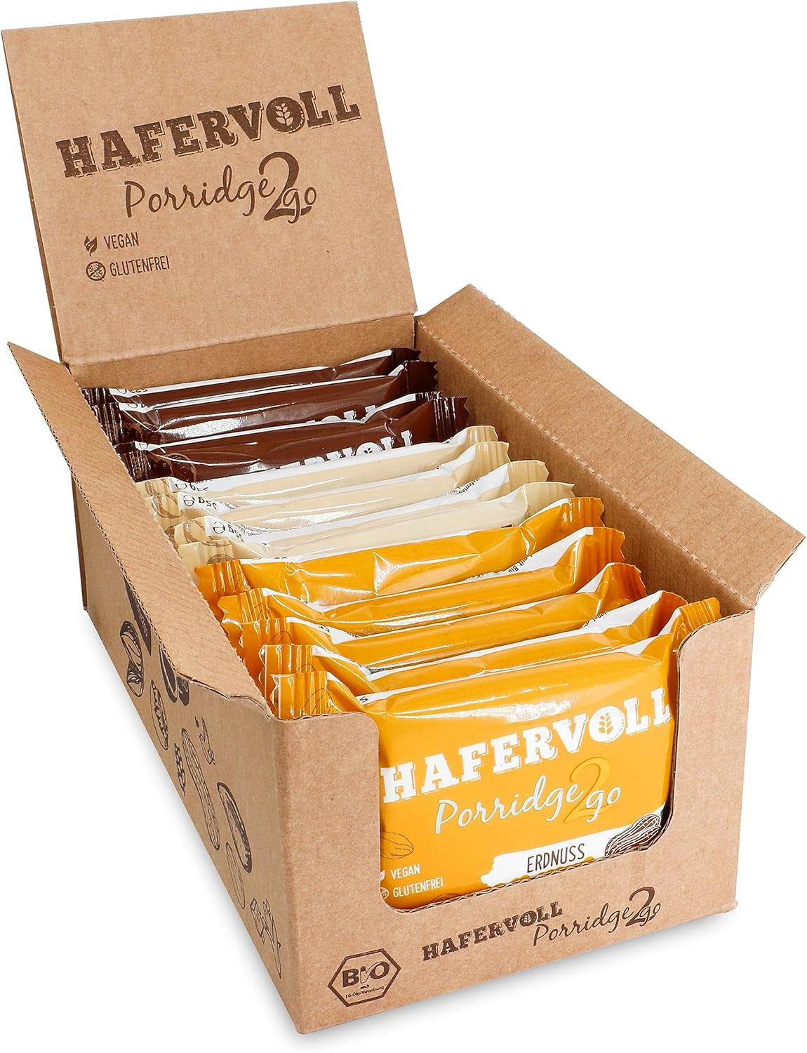 Hafervoll Porridge2go Masło orzechowe i orzechy, 13 batonów x 55 g - wegańska, organiczna, bezglutenowa, bez dodatku cukru przekąska, z owsem, daktylami i cukierkami Quinoa