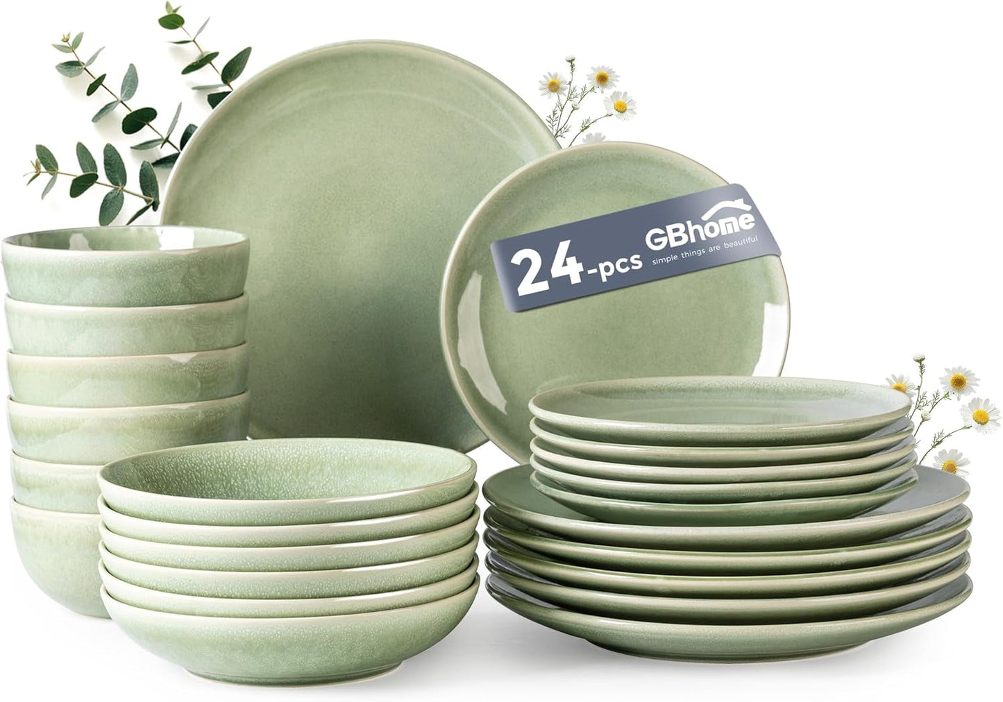 GBHOME Zestaw ceramicznych naczyń obiadowych dla 6 osób, 24-częściowy ręcznie malowany zestaw talerzy i misek, kamionka odporna na zarysowania, Można myć w zmywarce i używać w kuchence mikrofalowej