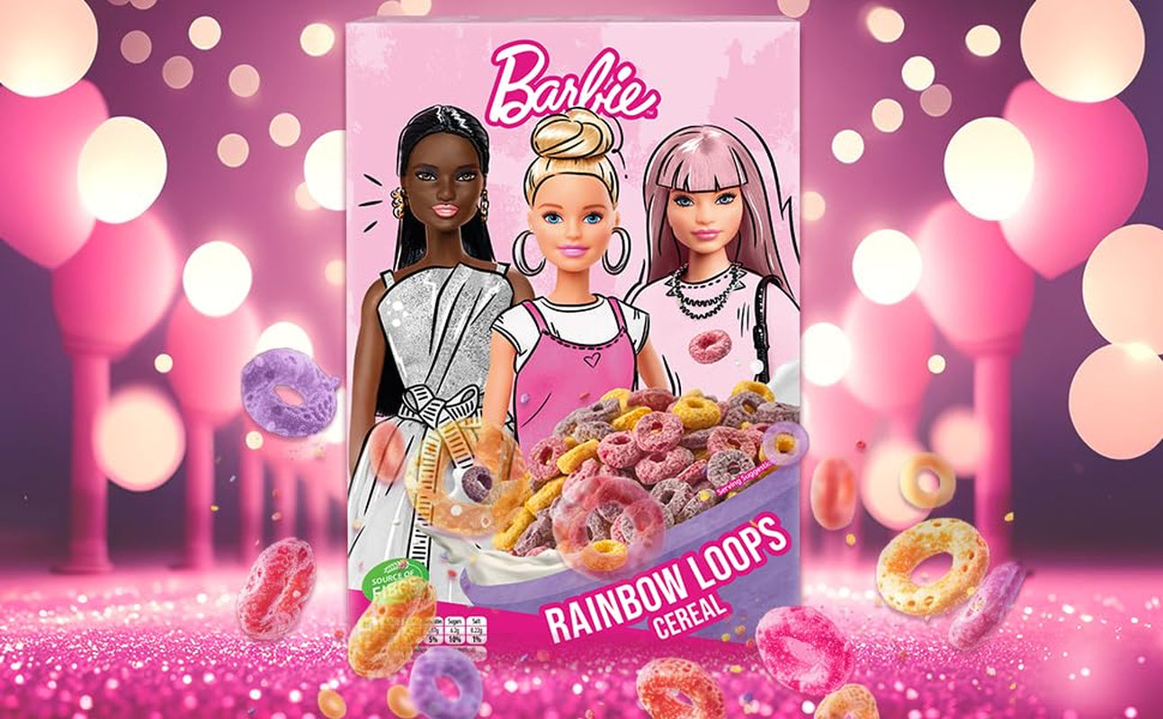 Barbie Rainbow Loops płatki zbożowe, kolorowe krążki pszenicy, owsa i kukurydzy o smaku owocowym na idealne śniadanie, 1 opakowanie (1 x 350g)