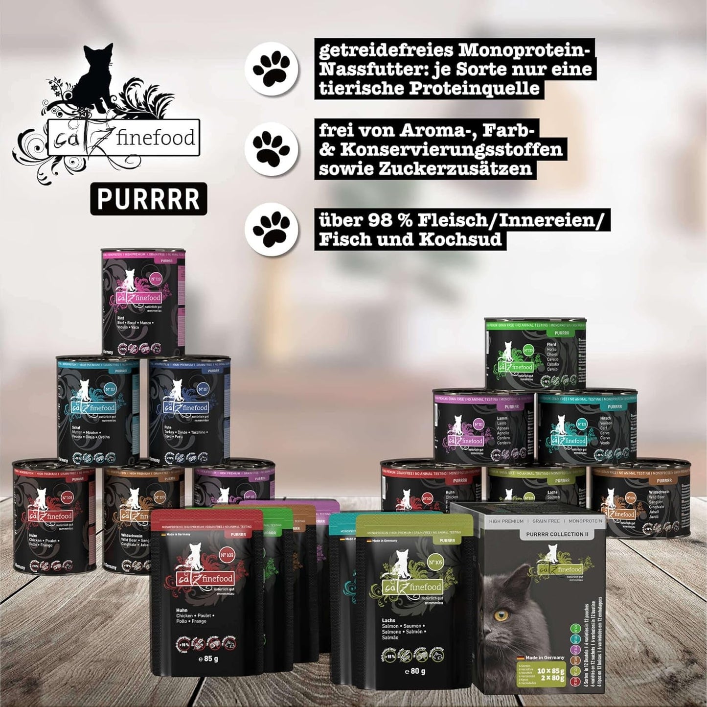 Mokra karma dla kotów Catz Finefood Purrrr Horse Monoprotein no. 123, dla kotów z wrażliwym układem trawiennym, zawartość mięsa 70%, 6 pudełek x 400 g