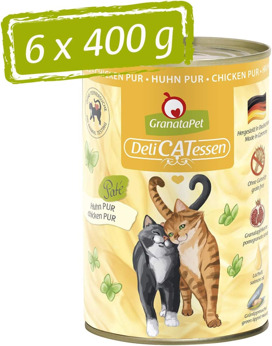 GranataPet DeliCatessen Chicken PUR, Nassfutter für Katzen, Futter ohne Getreide & ohne Zuckerzusätze, Katzenfutter mit hohem Fleischanteil i wysokiej jakości oleje, 6 x 400 g