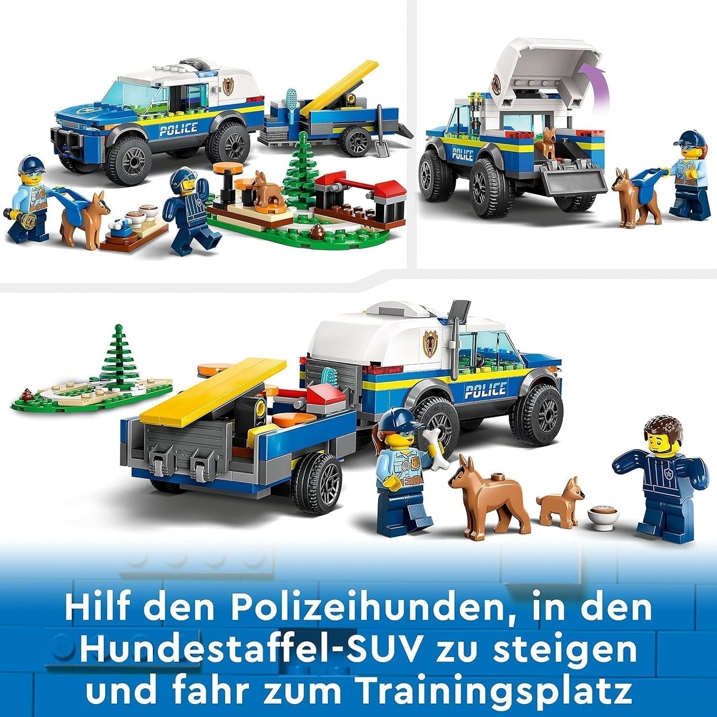 LEGO 60369 City Mobilne szkolenie psów policyjnych, zabawkowy radiowóz z przyczepą, figurki psa i szczeniaka, zestaw zwierząt dla dzieci w wieku powyżej 5 lat Zestawy do budowania Besuche den LEGO-Store