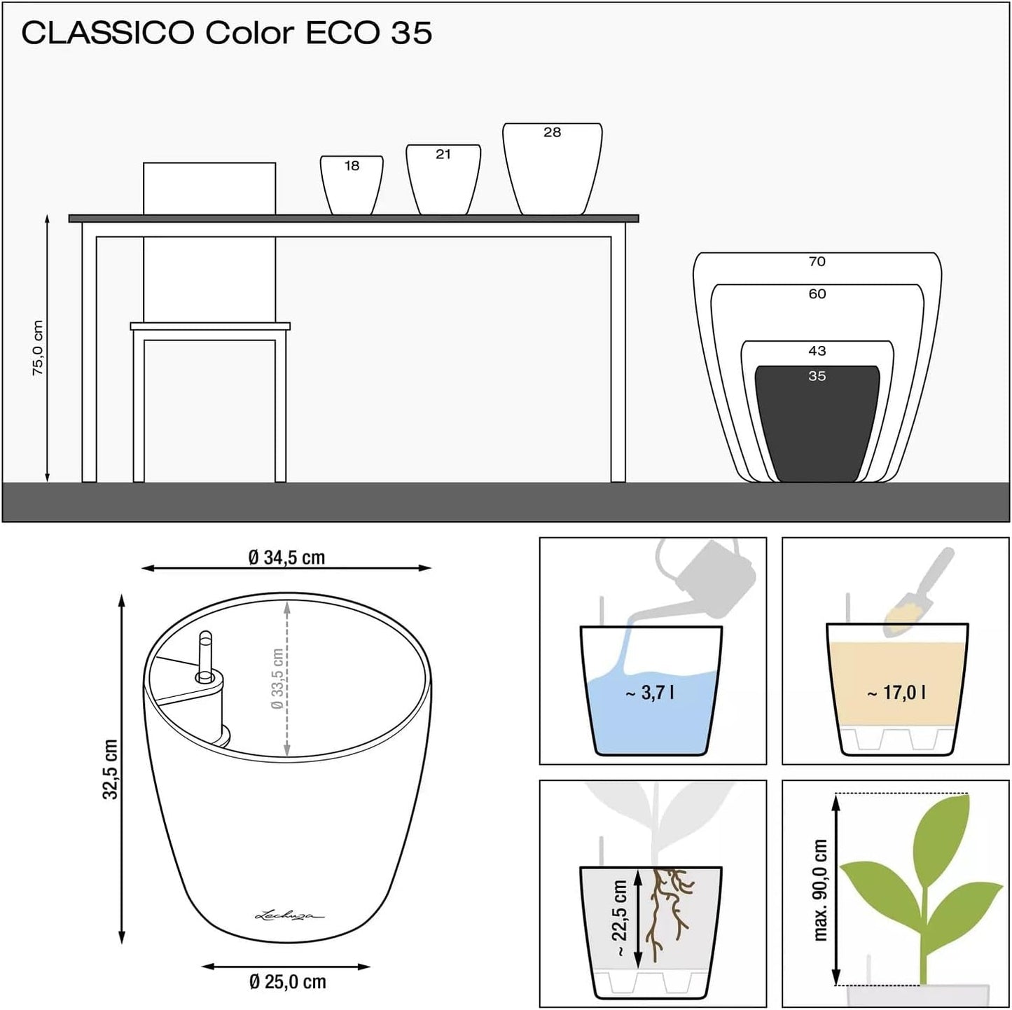 Donica LECHUZA Classico Color ECO 35 Ciemnoszary | Donica z systemem podlewania i wskaźnikiem poziomu wody | Wykonane w 100% z plastiku pochodzącego z recyklingu | Matowe wykończenie | Ø 34,5 x 32,5 cm | 18935