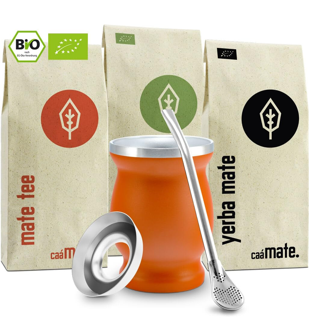 Zestaw do herbaty Mate Bio ● 3 rodzaje Mate + Kubek Mate ze stali nierdzewnej o podwójnych ściankach + Bombilla + Instrukcja parzenia (czarna)