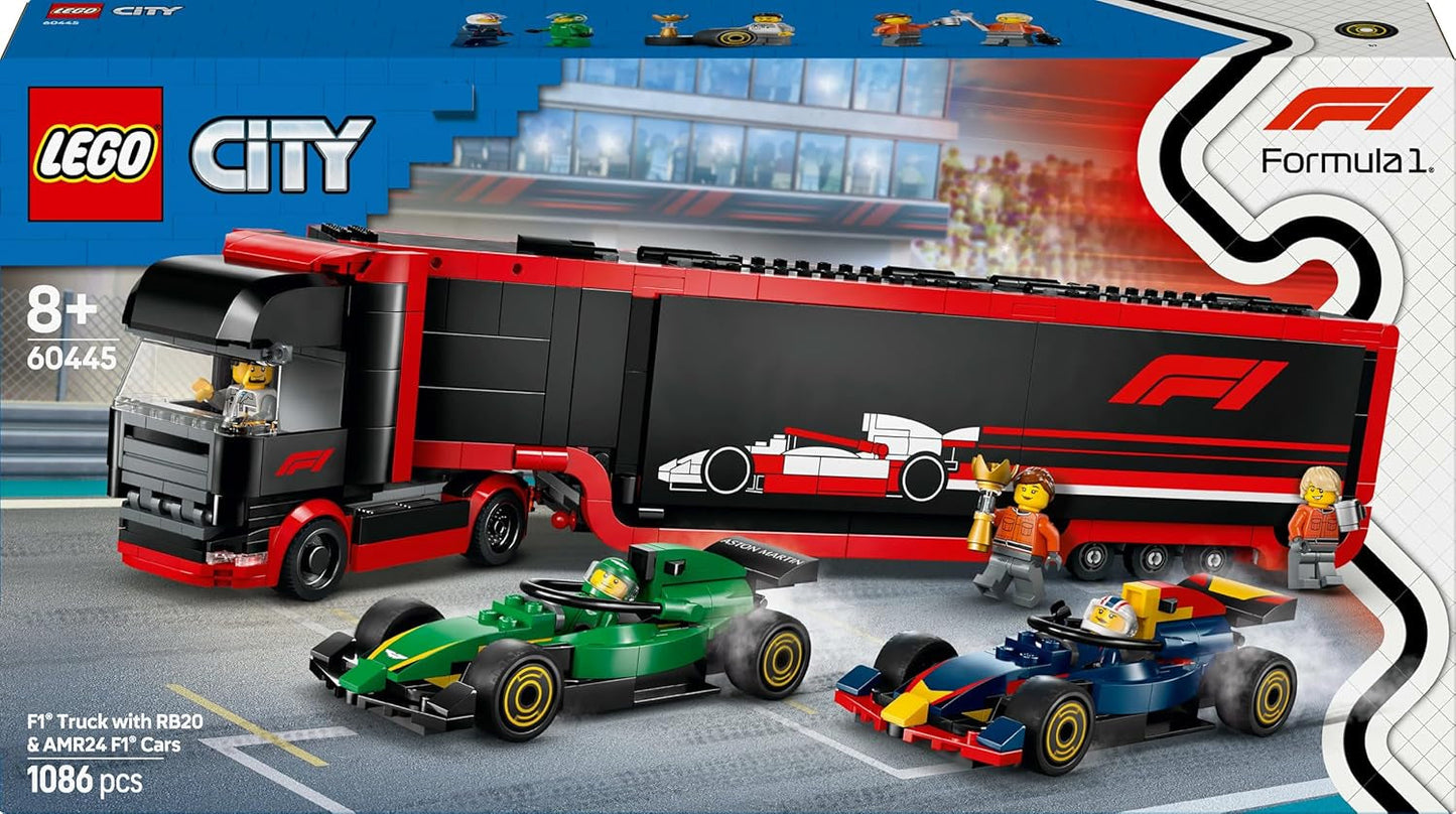 LEGO City Transporter F1 z samochodami wyścigowymi RB20 i AMR24 F1 - Zabawkowy transporter samochodów dla zespołów Formuły 1 Red Bull i Aston Martin - Zawiera. 5 minifigurek — prezent dla chłopców i dziewcząt w wieku od 8 lat 60445 Zestawy konstrukcyjne Besuche den LEGO-Store