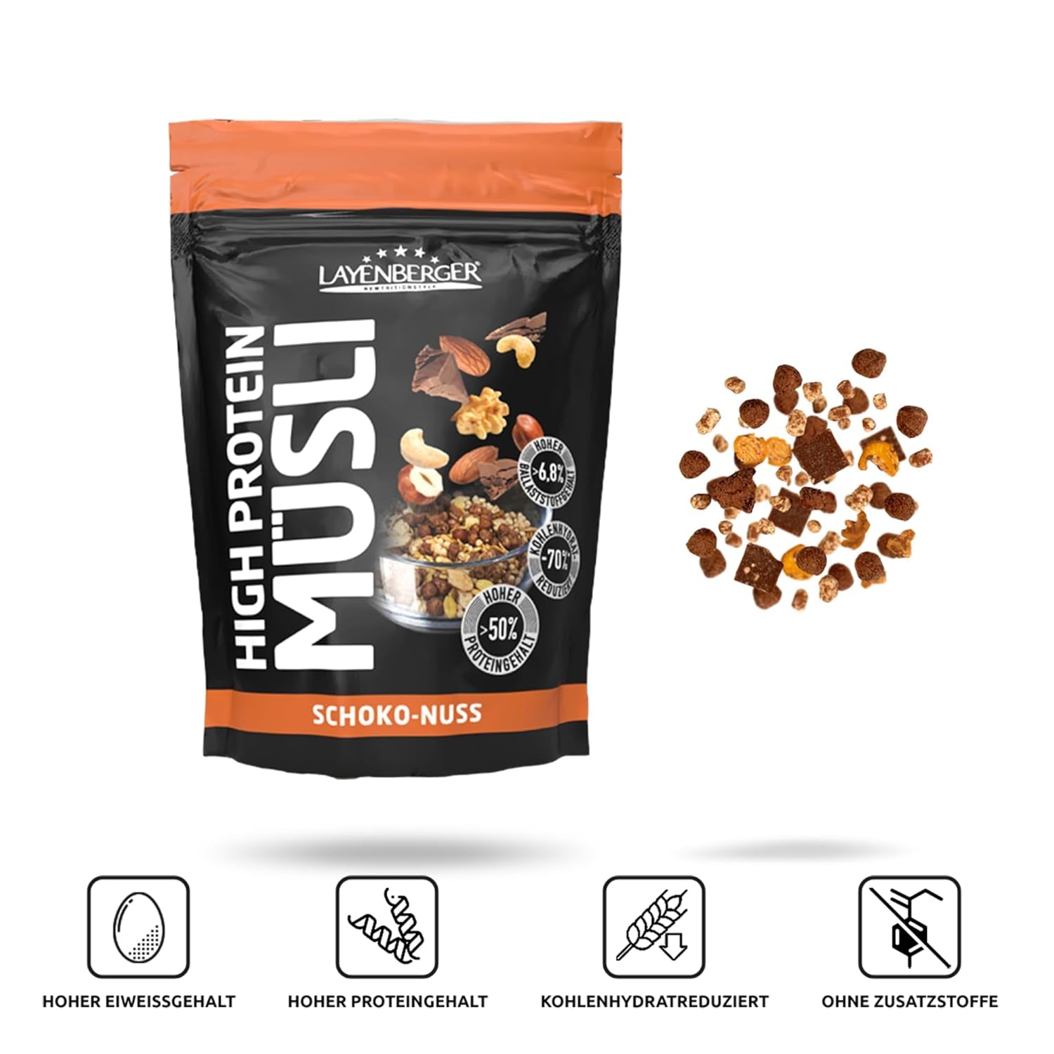 Layenberger 3K Muesli wysokobiałkowe, 50% Eiweiß i 18% Kohlenhydratu - opakowanie pojedyncze (1X 390 g) - Schoko-Nuss Cereale Naty Shop