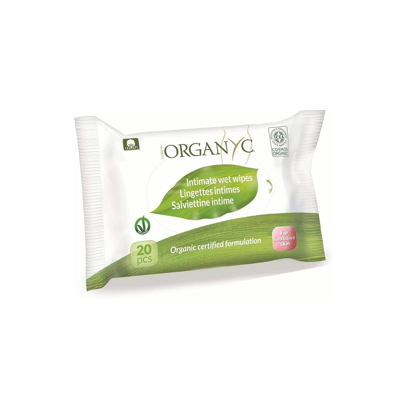 Organyc Wilgotne chusteczki do higieny intymnej, wykonane w 100% z certyfikowanej bawełny organicznej – 4 opakowania po 20 chusteczek (łącznie 80 chusteczek)