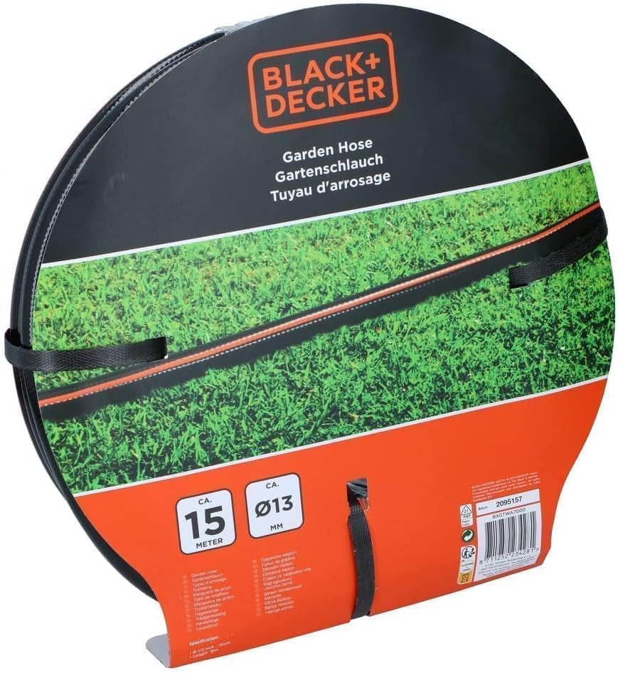 Wąż ogrodowy BLACK+DECKER 15 metrów - Ø13MM - Trwałe PCV - Podlewanie ogrodu, mycie samochodu, napełnianie basenu - Kompatybilny z każdym standardowym kranem - Czarny/Pomarańczowy