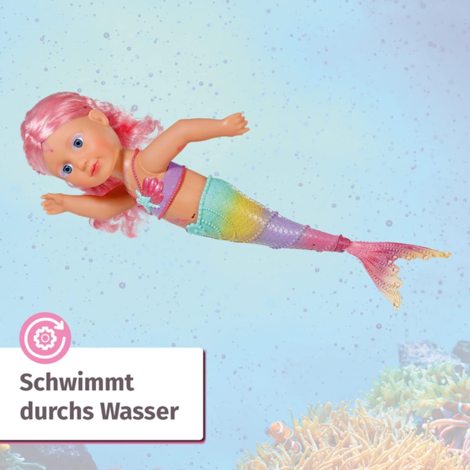 BABY Born Little Sister Mermaid 46 cm Wodoodporna lalka syrenka z długimi włosami i ruchomą brokatową płetwą, w komplecie. tiara i grzebień, 833681 Zapf Creation Dolls Naty Shop
