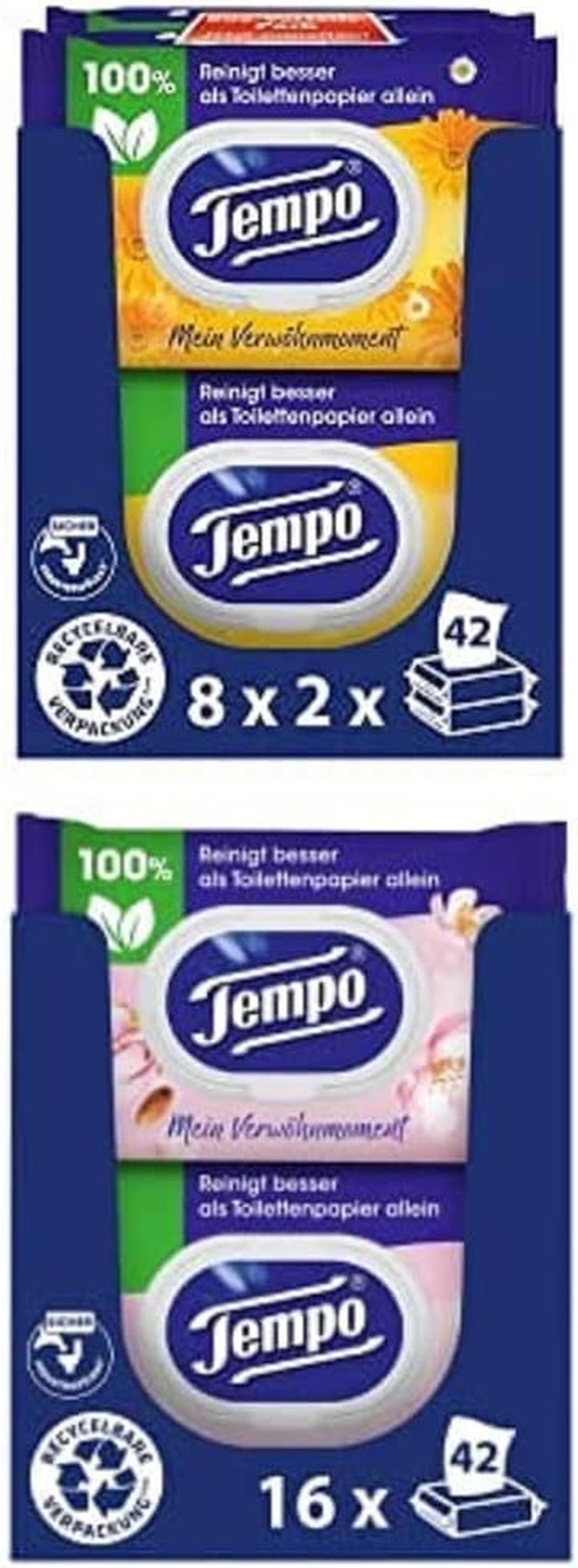 Zestaw chusteczek toaletowych Tempo Moist My Pampering Moment Calendula (16 sztuk) i chusteczek toaletowych Tempo Moist Mleko Migdałowe i Pantenol (16 sztuk)
