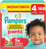 Spodnie Pampers Premium Protection rozmiar 5, 144 pieluszki, 11 kg - 17 kg, z regulacją 360° i miękkimi mankietami zapobiegającymi wyciekaniu dla optymalnego komfortu i ochrony