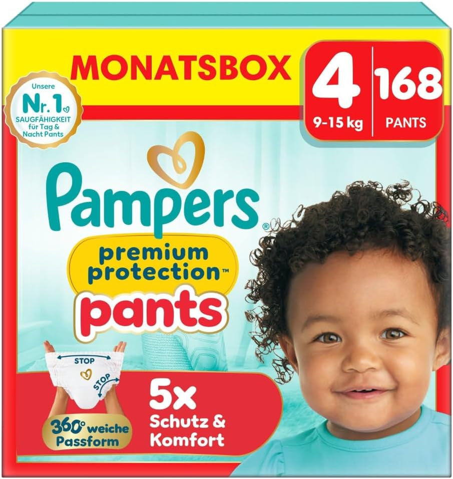 Spodnie Pampers Premium Protection rozmiar 5, 144 pieluszki, 11 kg - 17 kg, z regulacją 360° i miękkimi mankietami zapobiegającymi wyciekaniu dla optymalnego komfortu i ochrony