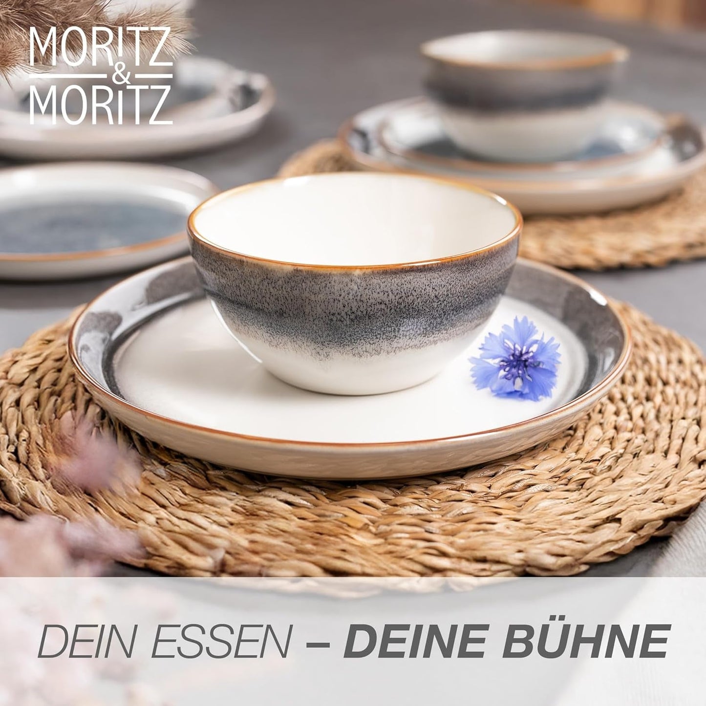 Moritz & Moritz TARENTO 24-częściowy zestaw obiadowy dla 6 osób, szary - Elegancki zestaw talerzy z kamionki wysokiej jakości - Zestaw obiadowy zawiera 6 talerzy obiadowych, 6 talerzy deserowych, 6 talerzy obiadowych i 6 filiżanek