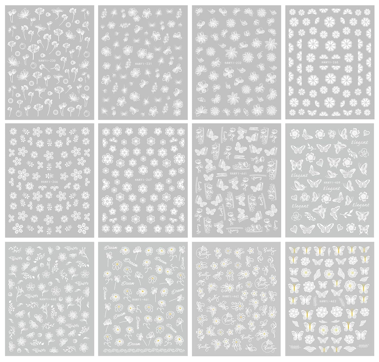 JMEOWIO Nagelsticker Frühlings Weiß Blume 12 Blatt Nail Art Naklejka Selbstklebend Nagelaufkleber Sommer Schmetterling Blumen Blatt Dekoration Nageldesign Zubehör