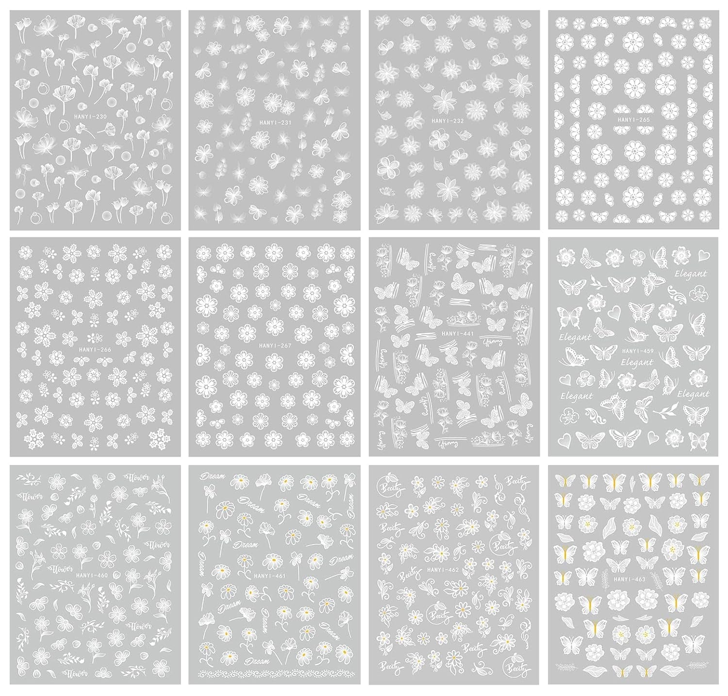 JMEOWIO Nagelsticker Frühlings Weiß Blume 12 Blatt Nail Art Naklejka Selbstklebend Nagelaufkleber Sommer Schmetterling Blumen Blatt Dekoration Nageldesign Zubehör