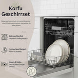 SANGER | 24-częściowy zestaw obiadowy z Korfu Serwis obiadowy na 8 ręcznie robionych ceramicznych zestawów obiadowych obejmujący talerze obiadowe Talerze deserowe i talerze Suma Kremowe naczynia stołowe o piaskowej fakturze