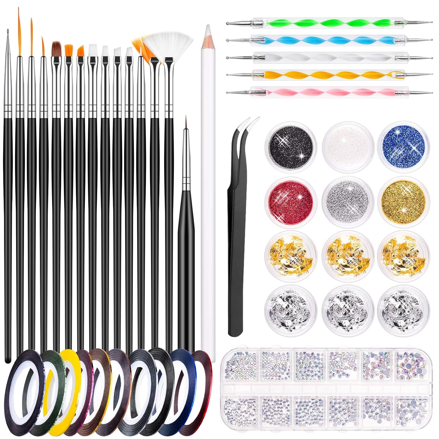 Zestaw MELLIEX 45 Stück Nail Art Dekoration Zubehör, Nägel Pinsel Strasssteine ​​​​Glitzer Goldfolie Nageldesign Dotted Pen Streifenband Für Nagelkunst Zestaw do manicure