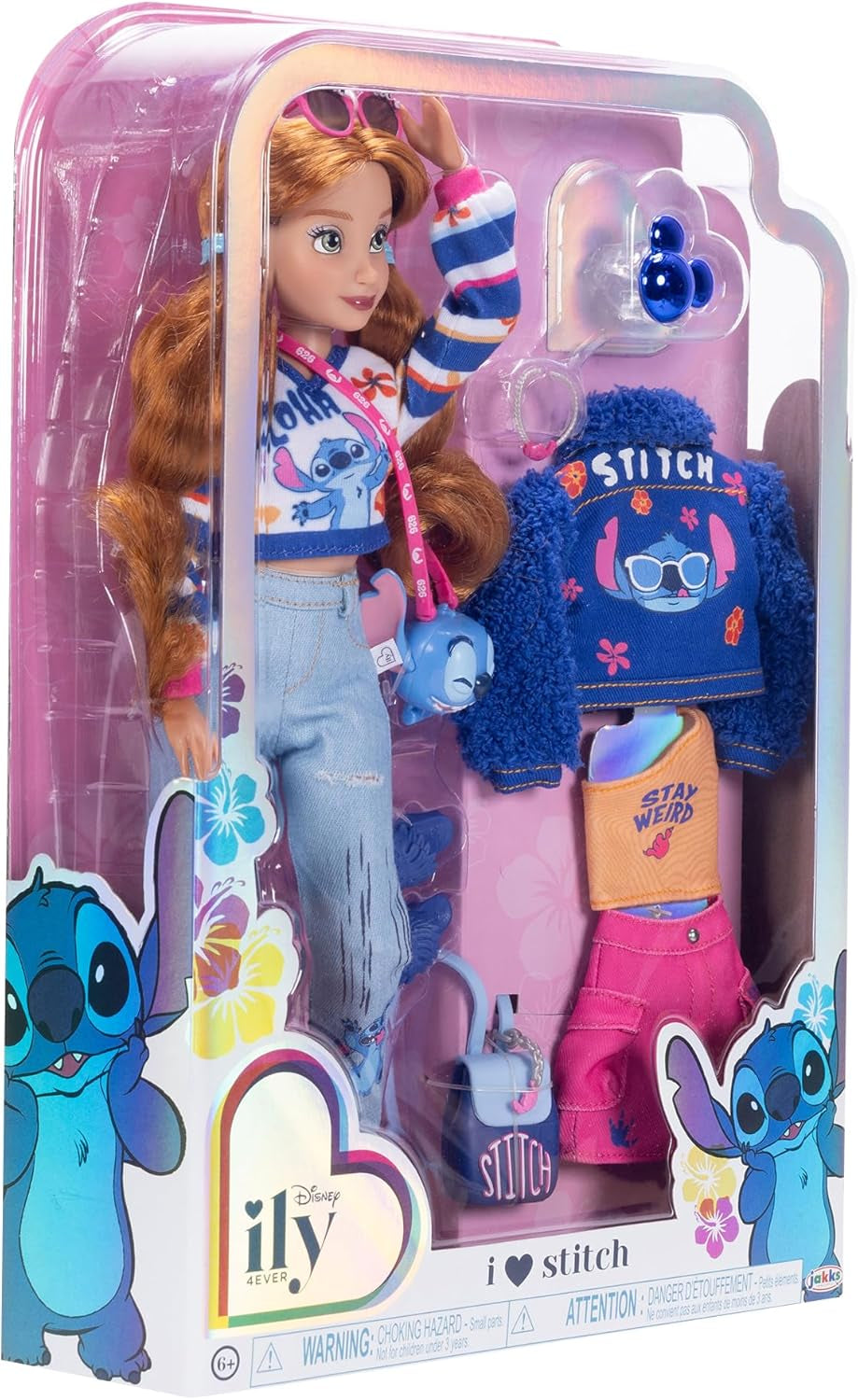 Disney ILY 4EVER Fashion Dolls Stitch z rudymi włosami, wysokość 11,5 cala, 13 punktów artykulacji, dwa kompletne stroje do mieszania i dopasowywania oraz błyszczący pierścionek Mickey dla Ciebie! Sklep z lalkami Naty