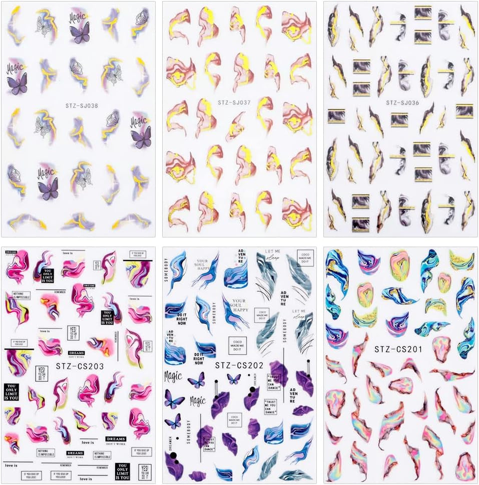 6 Blatt 3D Lila Schmetterling Nagelstickers Selbstklebend Nagelaufkleber Schmetterlinge Naklejka na paznokcie Bunte Blühen Marmor Nagel Naklejki Regenbogen Welle Linien Nail Art Aufkleber Nageldesign Zubehör