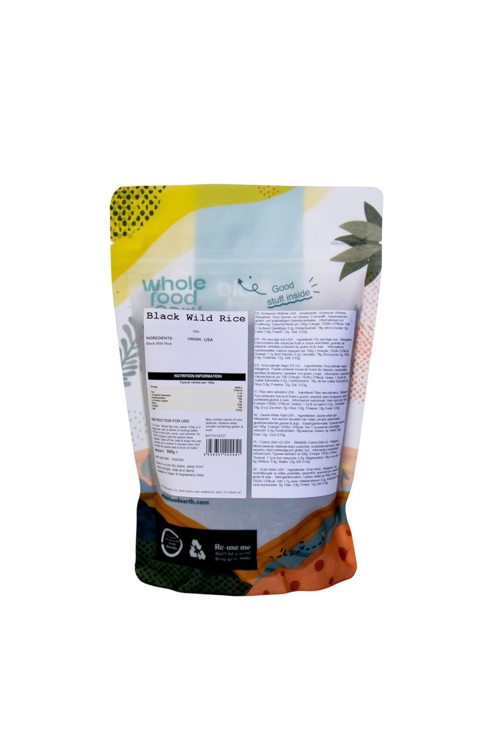 Wholefood Earth USA Czarny Dziki Ryż - Bez GMO - Naturalny - Wegański - Bez nabiału - Bez dodatku cukru, 500g