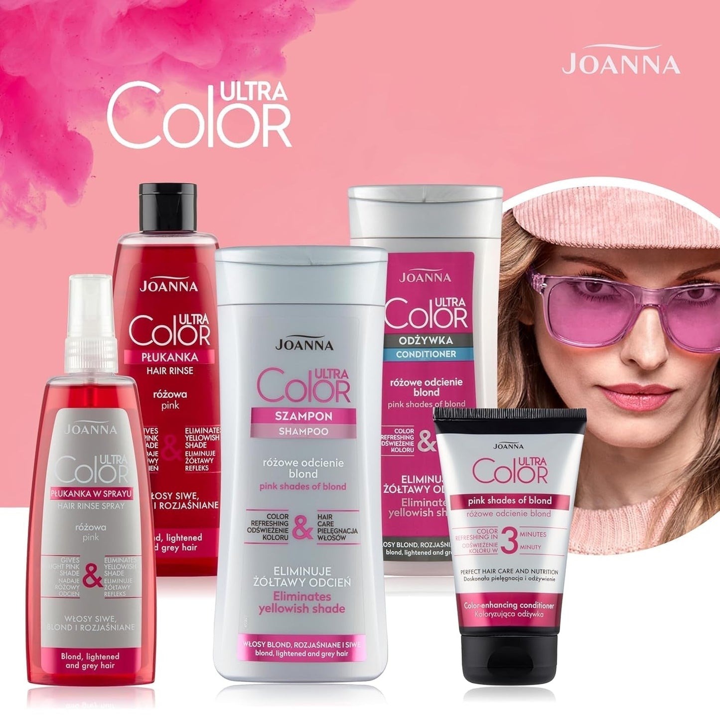 Joanna Ultra Color - Różowa odżywka koloryzująca do włosów blond i jasnych - Pastelowy róż - Naturalny połysk - Usuwa żółty odcień z włosów szaro-blond - Efekt tymczasowy - 150 ml Farba do włosów Naty Shop