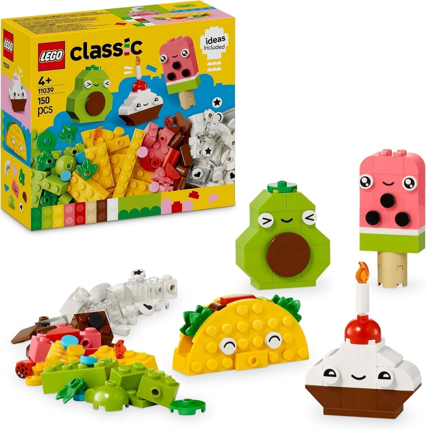 LEGO Classic Kreatywne budowanie przekąsek, zabawka w kształcie jedzenia do pomysłowego odgrywania ról, zestaw do budowania dla chłopców i dziewcząt w wieku od 4 lat, babeczka, awokado, lody na patyku i taco 11039 Zestawy do budowania Besuche den LEGO-Store Default Title