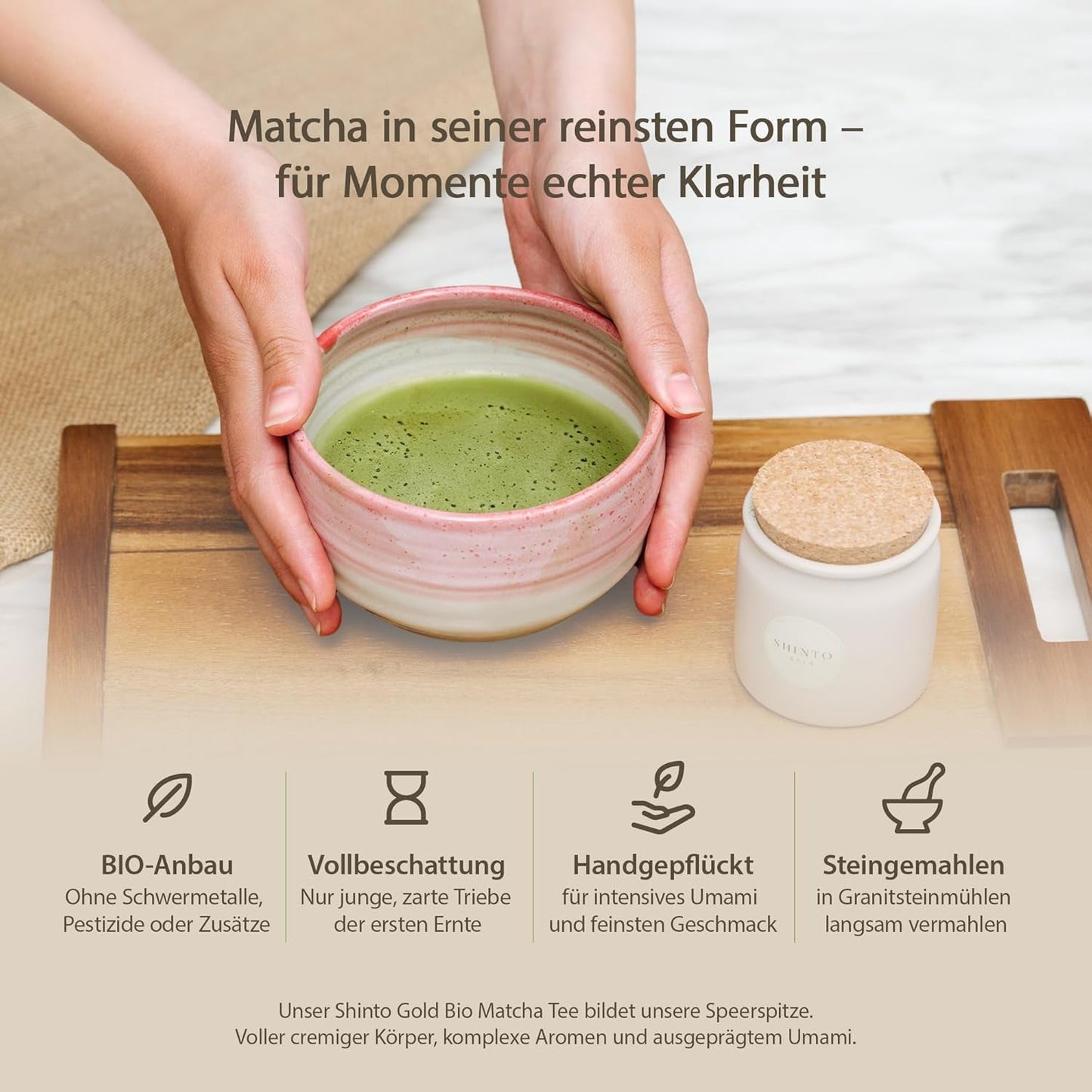 Shinto - „Złota” organiczna herbata Matcha – ceremonialna zielona herbata w proszku – certyfikat JAS i UE BIO – cieniowana i zbierana ręcznie – bezpośredni import z Uji w Japonii – 30g