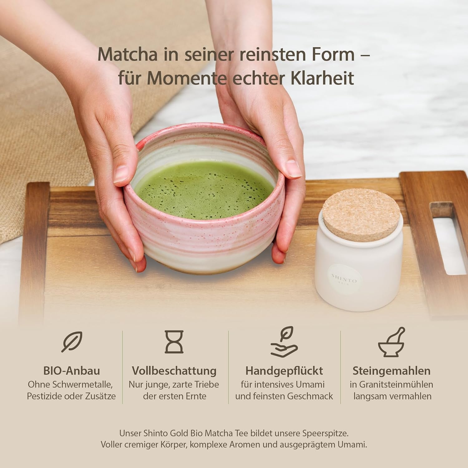 Shinto - „Złota” organiczna herbata Matcha – ceremonialna zielona herbata w proszku – certyfikat JAS i UE BIO – cieniowana i zbierana ręcznie – bezpośredni import z Uji w Japonii – 30g
