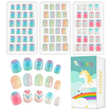72 szt. Wstępnie klejone paznokcie dla dzieci Pełna okładka Brokat Gradient kolorów Kokarda Krótkie sztuczne paznokcie Świetny prezent dla dzieci Dziewczyny Nail Art - Tęczowy brokat