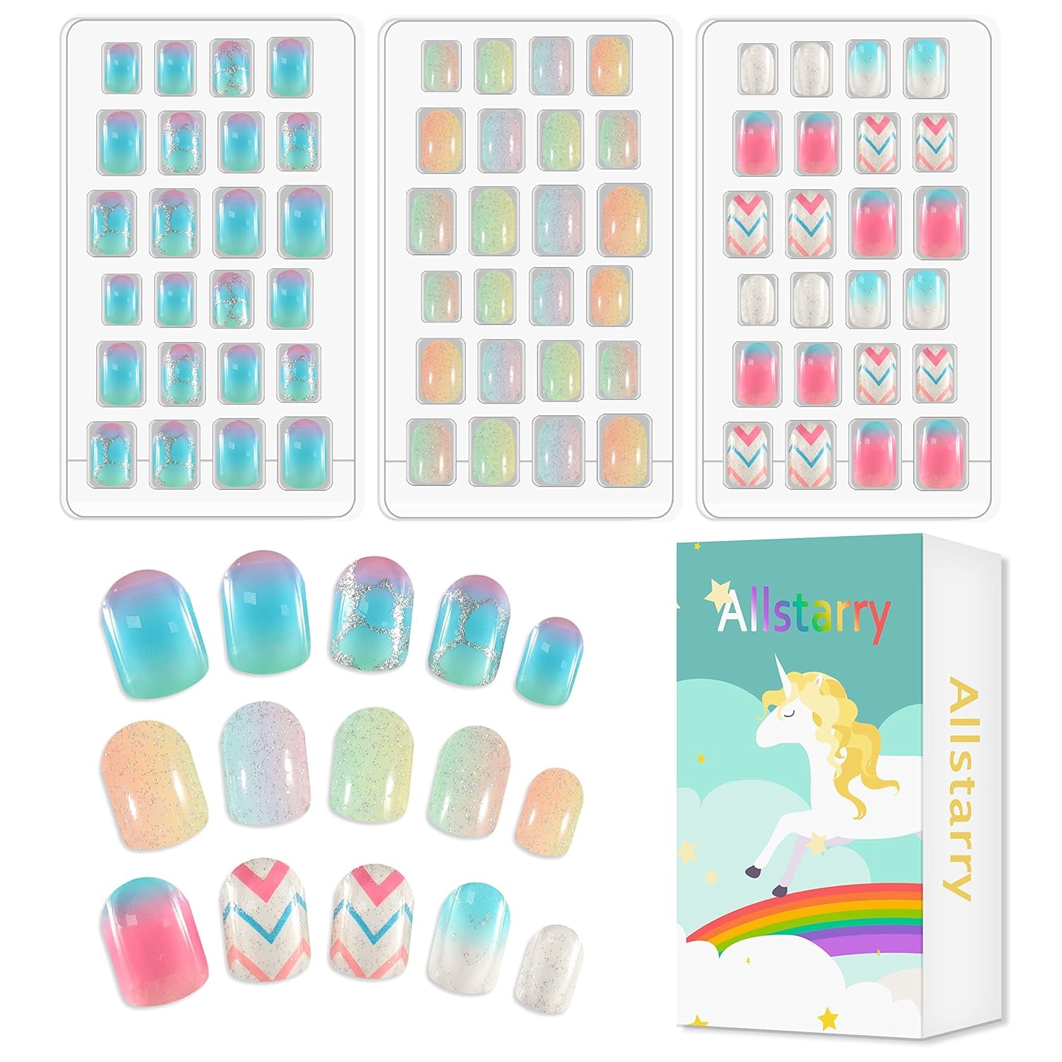 72 szt. Wstępnie klejone paznokcie dla dzieci Pełna okładka Brokat Gradient kolorów Kokarda Krótkie sztuczne paznokcie Świetny prezent dla dzieci Dziewczyny Nail Art - Tęczowy brokat