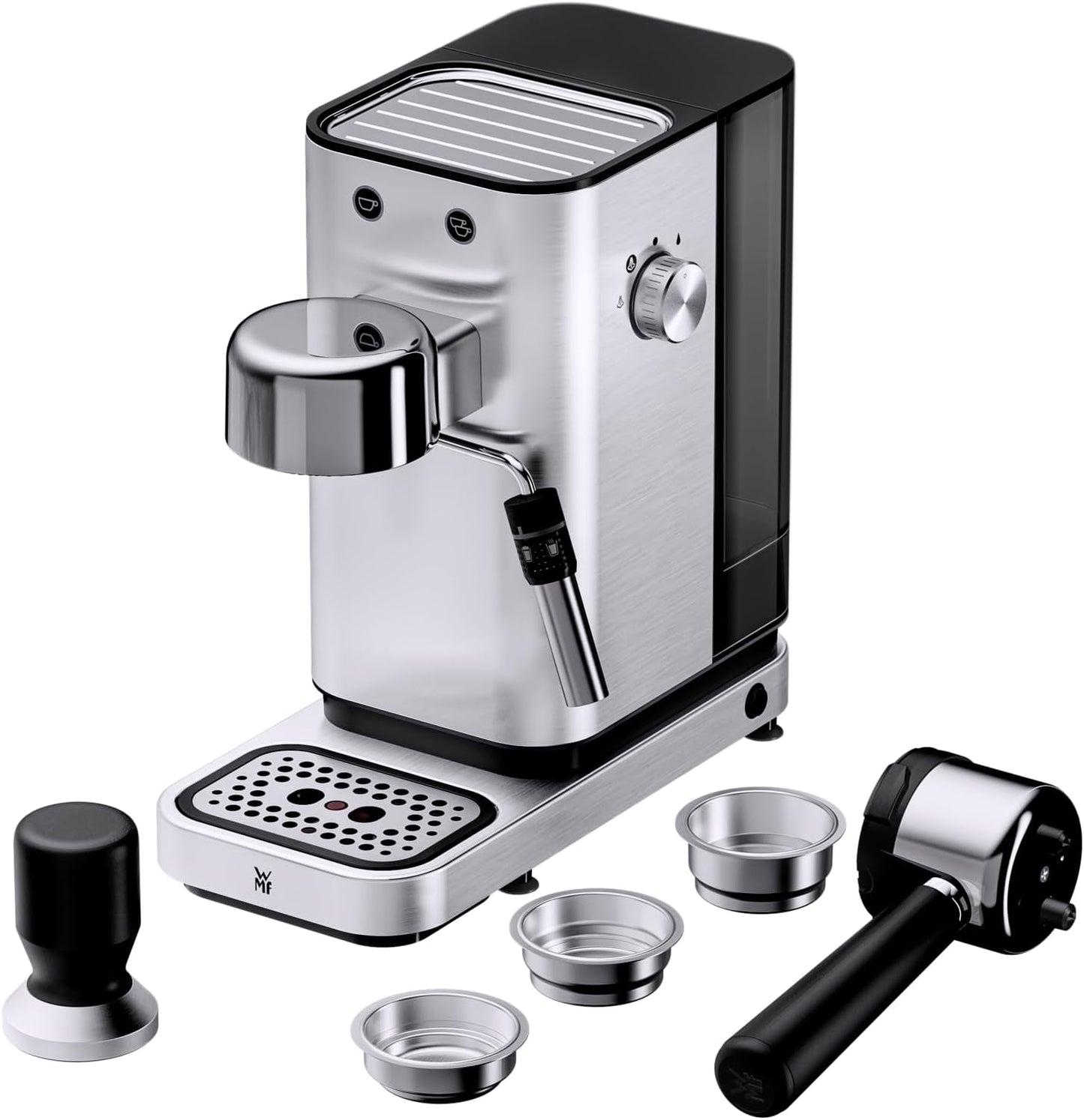 Ekspres do kawy WMF Lumero, kolba, 1400 watów, kolba, 3 wkładki, na 1-2 filiżanki espresso, w tym na kapsułki, 15 barów, uchwyt na kubek, spieniacz do mleka, stal nierdzewna matowa