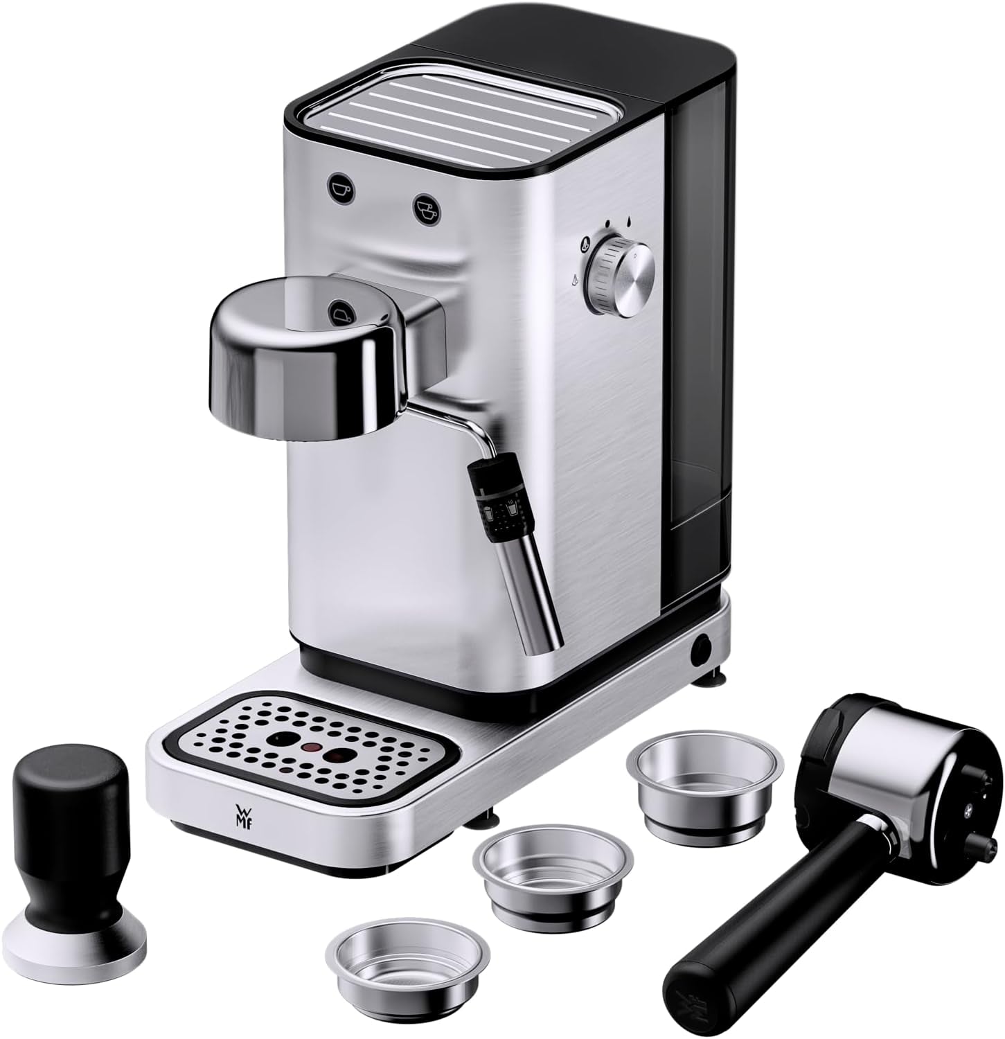 Ekspres do kawy WMF Lumero, kolba, 1400 watów, kolba, 3 wkładki, na 1-2 filiżanki espresso, w tym na kapsułki, 15 barów, uchwyt na kubek, spieniacz do mleka, stal nierdzewna matowa