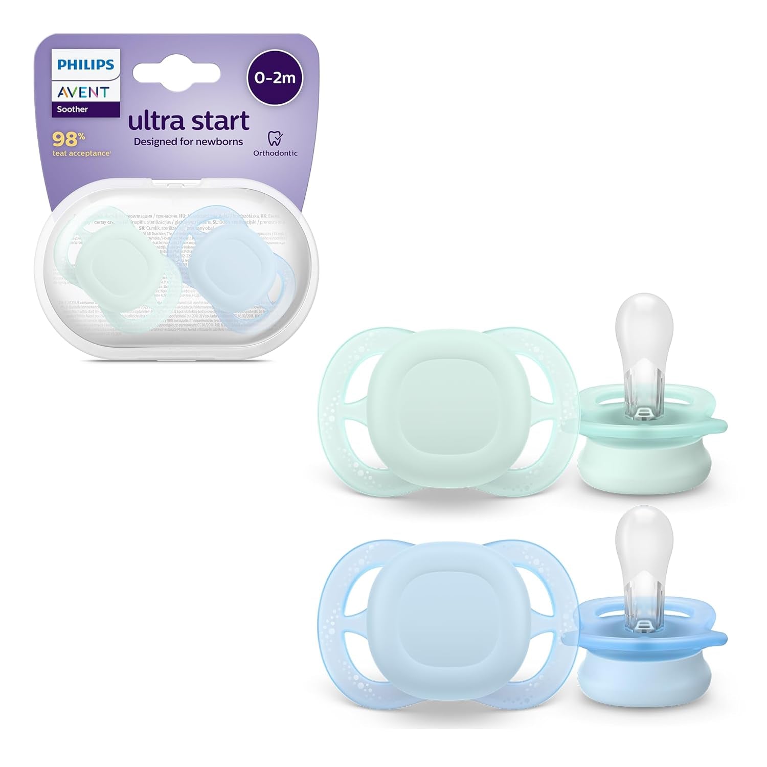 Philips AVENT Ultra Start smoczek na noc, smoczek ortodontyczny dla noworodków, świecący w ciemności, bez BPA, z pojemnikiem do sterylizacji, podwójne opakowanie, księżyc, gwiazda, SCF075/07