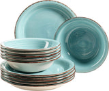 MĘSER Bel Tempo II Teller-Set für 6 Personen im modernen Vintage Look, 12-teiliges Tafelservice, handbemalt, Türkis, Steingut, 27 centymetrów
