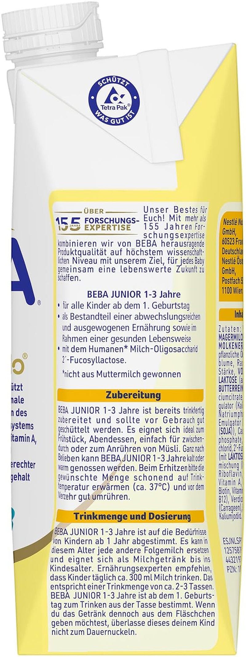 BEBA Junior Gotowy do spożycia napój mleczny dla dzieci 1-3 lat, z HMO, zawartość białka dostosowana do wieku, bez oleju palmowego, bez oleju rybnego, żywność dla małych dzieci, opakowanie 12 szt. (12 x 500 ml)