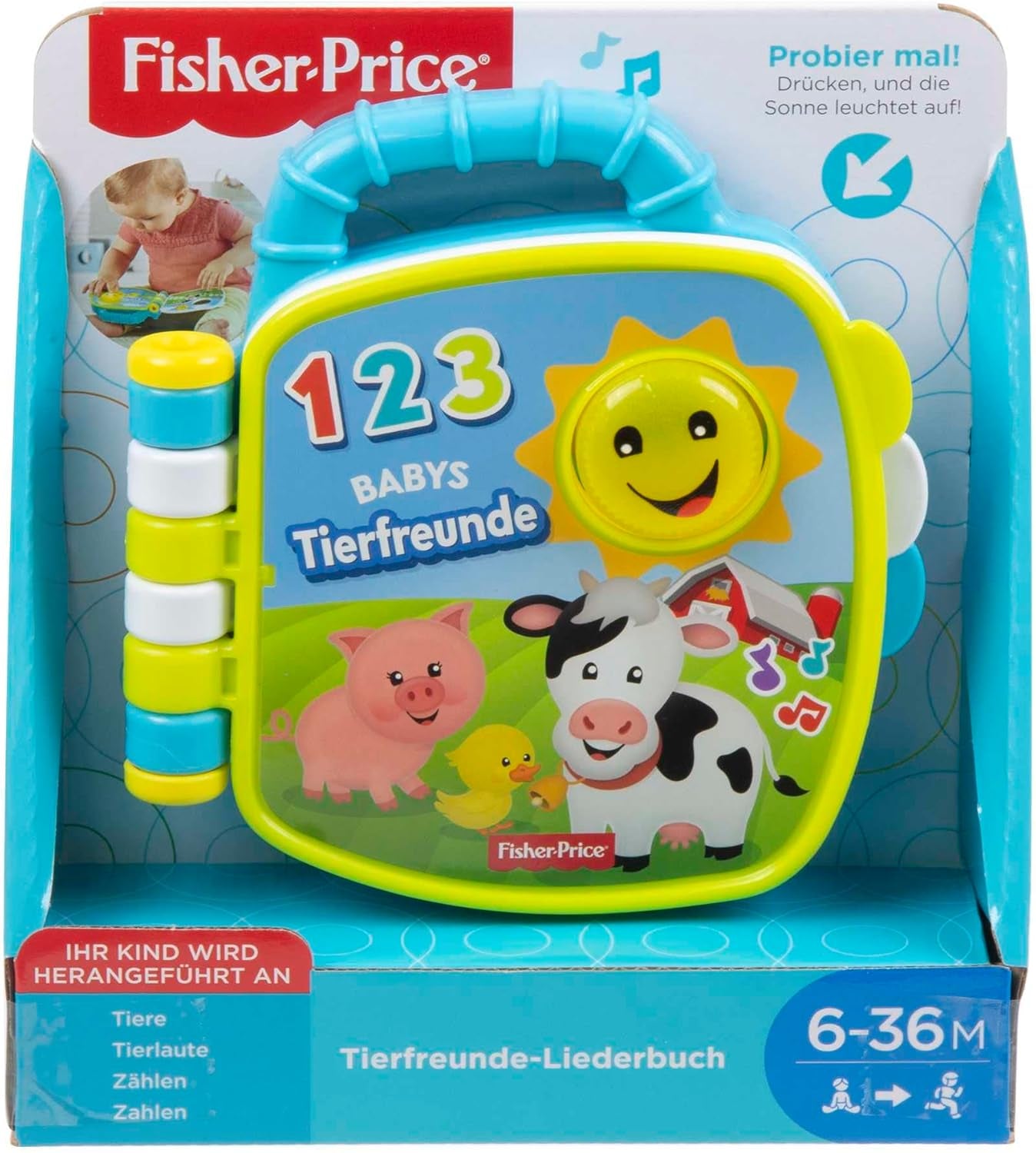Śpiewnik Fisher-Price Musical Animal Friends | Zabawka dla niemowląt od 6 miesięcy, 1 roku dla dziewcząt i chłopców | Zabawka dla dzieci | Książka muzyczna z dźwiękami i efektami świetlnymi | Zabawka edukacyjna (niemiecki), GFP29 Jucarii Bebe Naty Shop