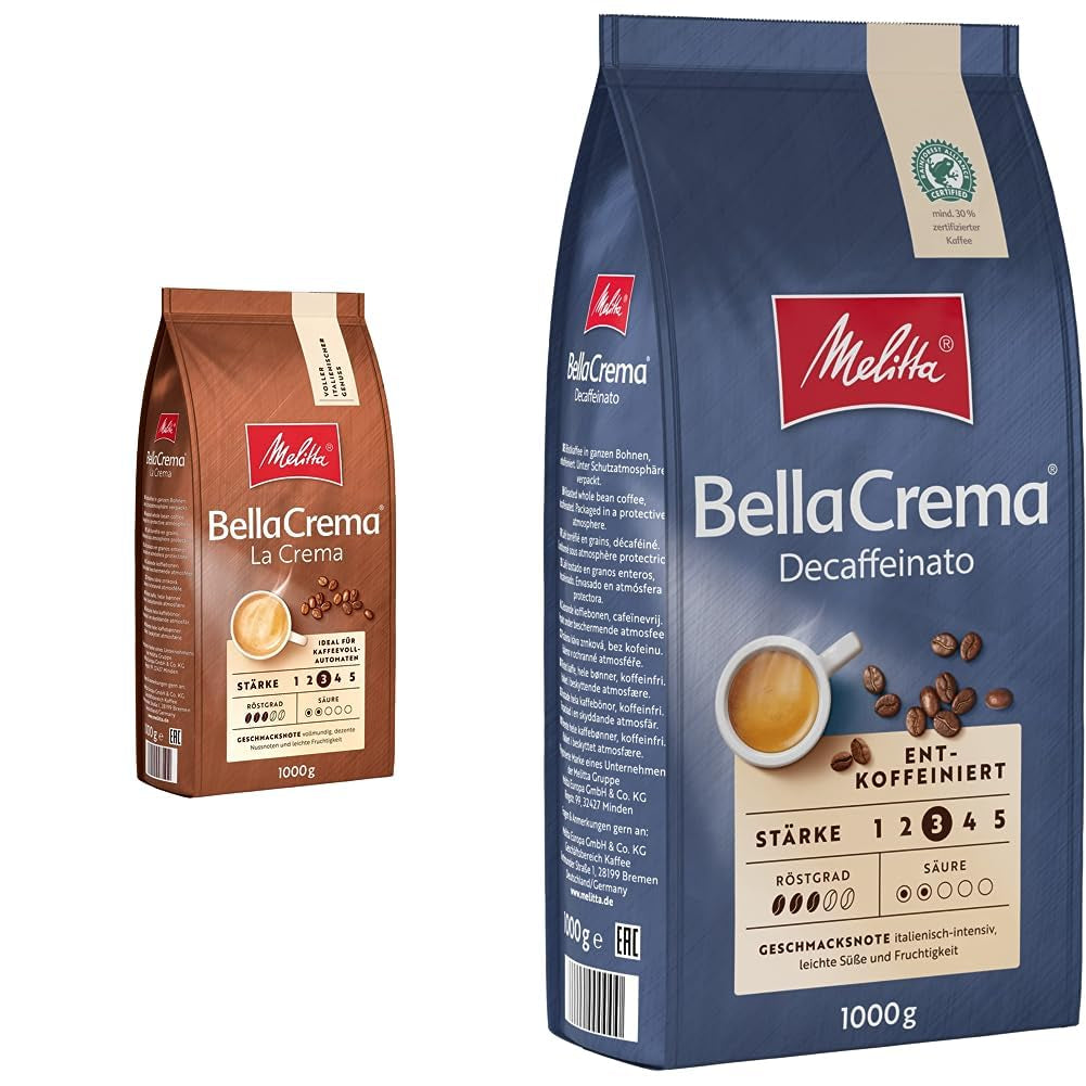 Kawa ziarnista Melitta BellaCrema La Crema 1kg i kawa ziarnista BellaCrema Decaffeinato bezkofeinowa 1kg