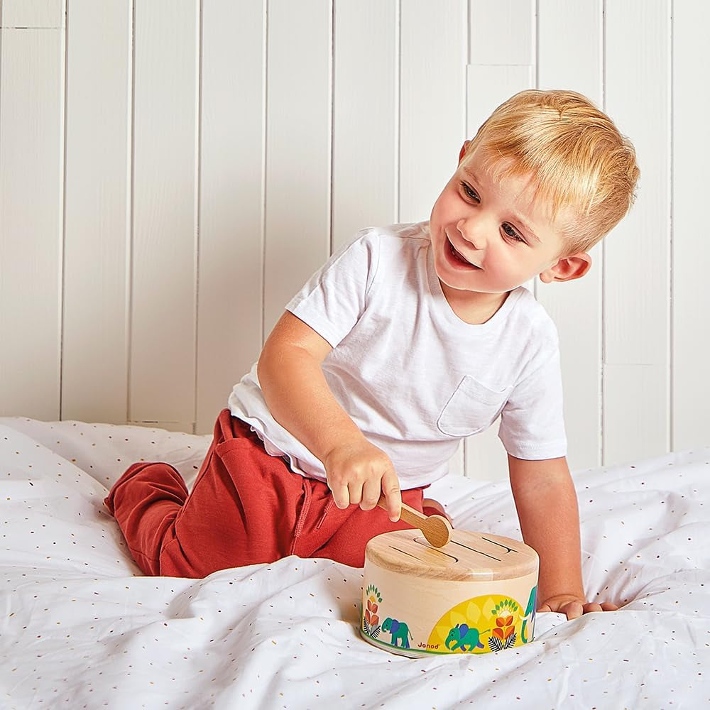 Janod - Gioia Drum - Drewniany bęben FSC + bęben - Odgrywanie ról i wczesna edukacja muzyczna - Akwarela - Od 18 miesiąca, J07650 Bebe Toys Naty Shop
