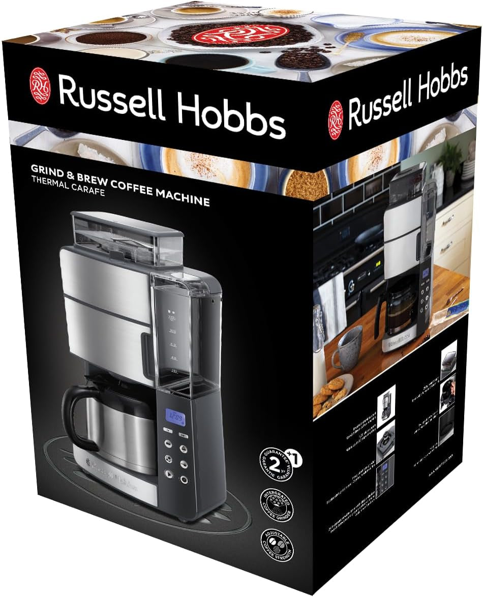 Ekspres do kawy Russell Hobbs z młynkiem i dzbankiem termicznym [cyfrowy timer, słuchawka prysznicowa dla optymalnej ekstrakcji i aromatu] Grind&Brew (1–10 filiżanek, 3 poziomy mielenia) Filtrowy ekspres do kawy 25620-56