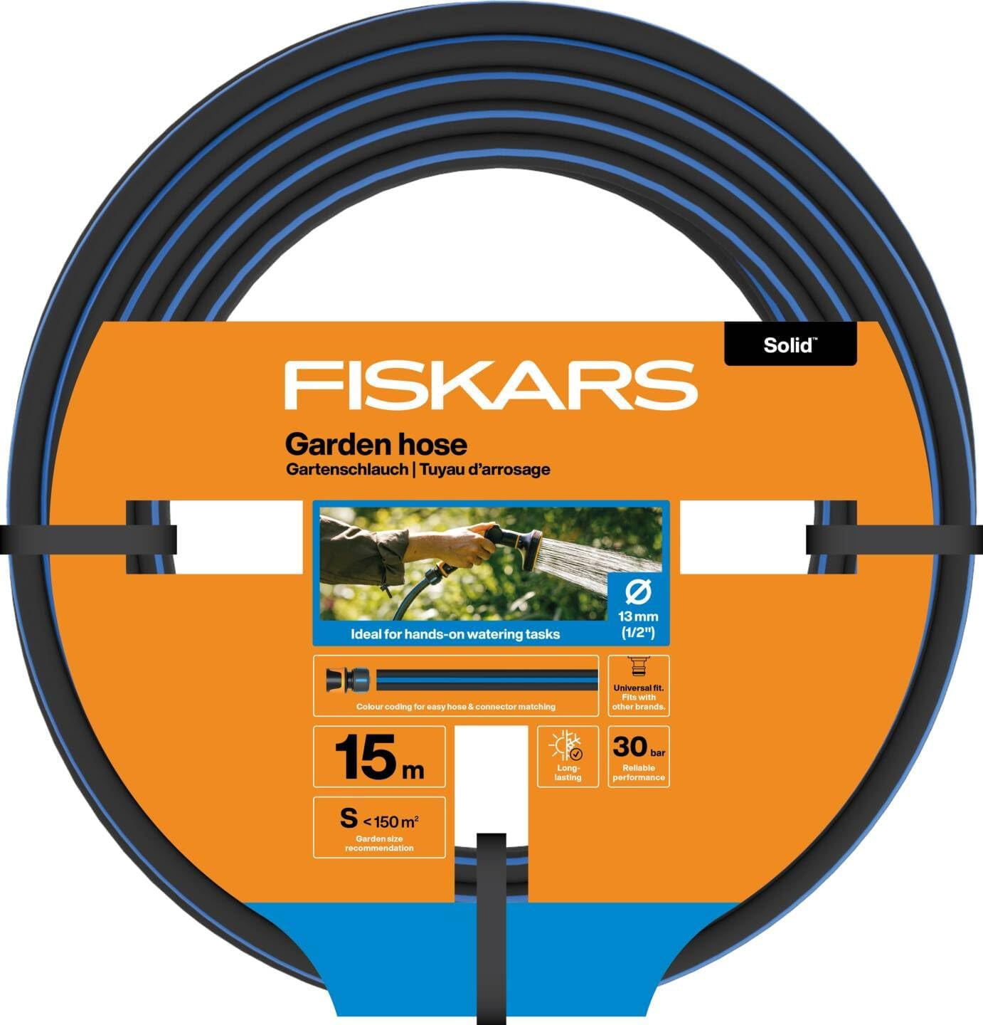 Wąż ogrodowy Fiskars S, pełny, wąż wodny do ręcznego podlewania, 13 mm (1/2"), długość: 15 m, złącze uniwersalne, ochrona przed promieniowaniem UV, ochrona przed mrozem, odporny na skręcanie, niebieski, 1076049