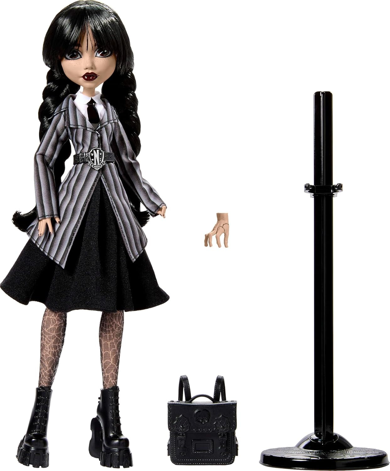 Monster High Wednesday Puppe und Accessoires, Wednesday Addams Sammelfigur in Nevermore Academy Uniform z Eiskaltem Händchen i Rucksack, Puppenständer, HXJ04