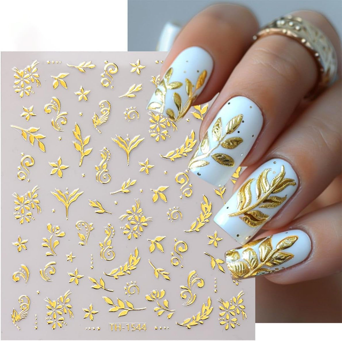 JMEOWIO Nagelsticker Goldene Blumen 8 Blatt Nail Art Naklejka Selbstklebend Nagelaufkleber Dekoration Nageldesign Zubehör