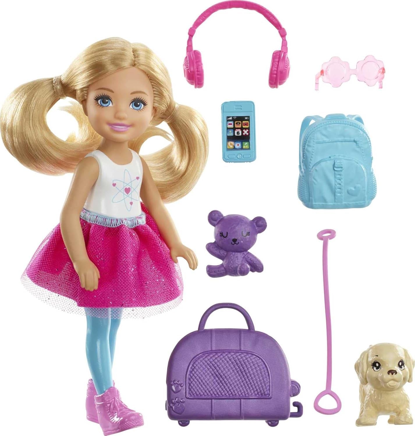 Zabawka Barbie Lalka Chelsea i akcesoria Zestaw podróżny dla psa 6 elementów, w tym stojak dla psa HJY17 Naty Shop Lalki Chelsea Pies Lalka