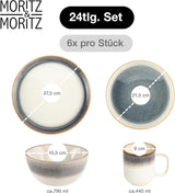 Moritz & Moritz TARENTO 24-częściowy zestaw obiadowy dla 6 osób, szary - Elegancki zestaw talerzy z kamionki wysokiej jakości - Zestaw obiadowy zawiera 6 talerzy obiadowych, 6 talerzy deserowych, 6 talerzy obiadowych i 6 filiżanek